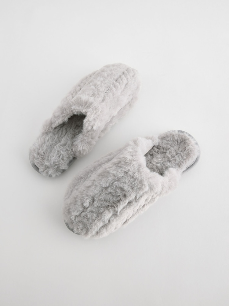 Grey Faux Fur Mule Slippers - Image 5 of 7