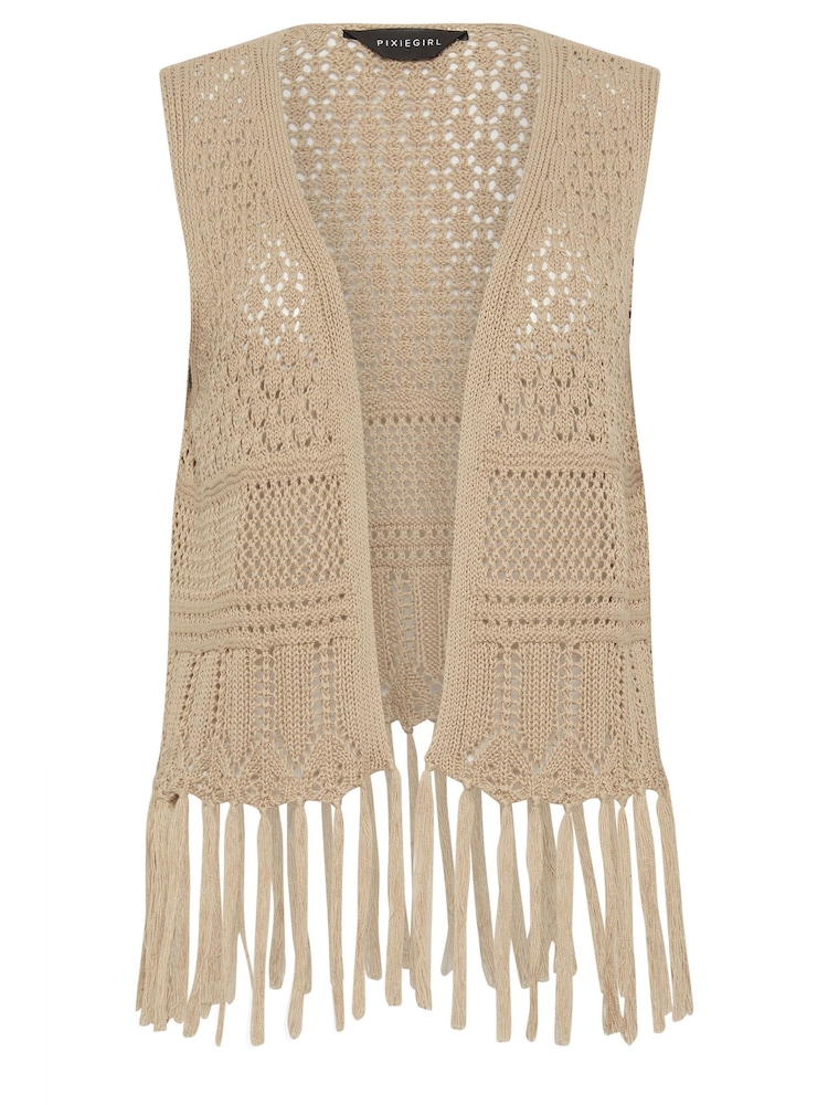 PixieGirl Petite Natural Beige Brown Crochet Tassel Waistcoat - Image 6 of 6 PixieGirl Petite Natural Beige Brown Crochet Tassel Waistcoat - Image 6 of 6
