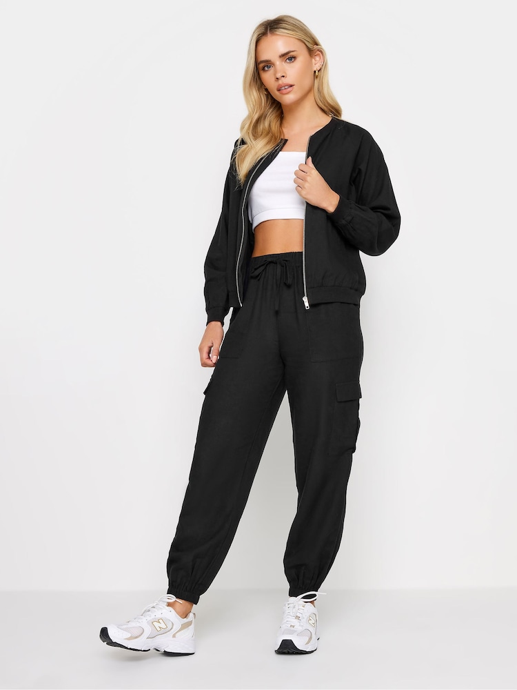 PixieGirl Petite Black Linen Cuffed Cargo Trousers - Image 1 of 4