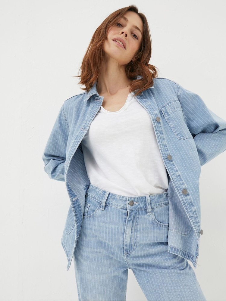 FatFace Eden Blue Stripe Denim Worker Jacket - Image 1 of 5
