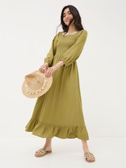 FatFace Adele Green Midi Dress With Linen - Image 1 of 7