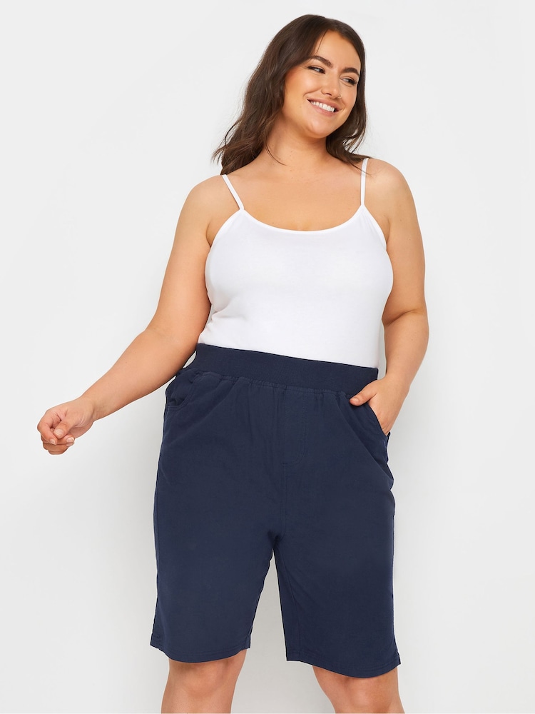 Yours Curve Blue Cool 100% Cotton Shorts With Jersey Waist Band - Image 2 of 5