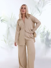 Yours Curve Natural Brown Stripe Textured Wide Leg Trousers - Image 1 of 5