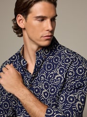 Blue 100% Cotton Textured Print Long Sleeve Shirt - Image 1 of 8