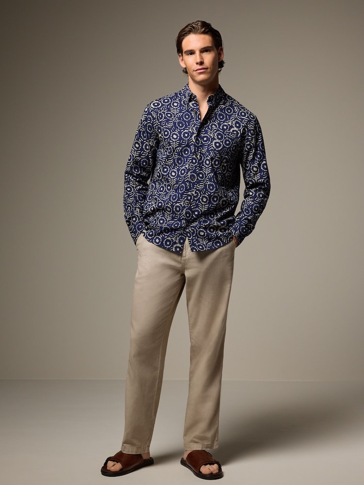 Blue 100% Cotton Textured Print Long Sleeve Shirt - Image 2 of 8