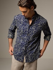 Blue 100% Cotton Textured Print Long Sleeve Shirt - Image 3 of 8
