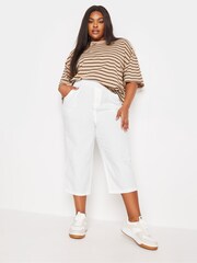 Yours Curve White Cool 100% Cotton Cropped Trousers With Jersey Waist Band - Image 1 of 5