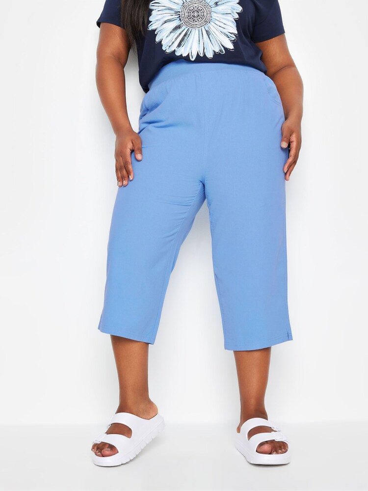 Yours Curve Mid Blue Cool 100% Cotton Cropped Trousers With Jersey Waist Band - Image 1 of 1