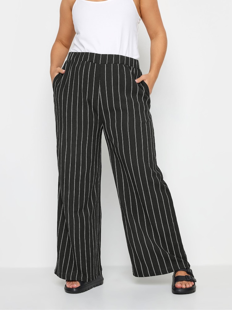 Yours Curve Black Stripe Textured Wide Leg Trousers - Image 1 of 4