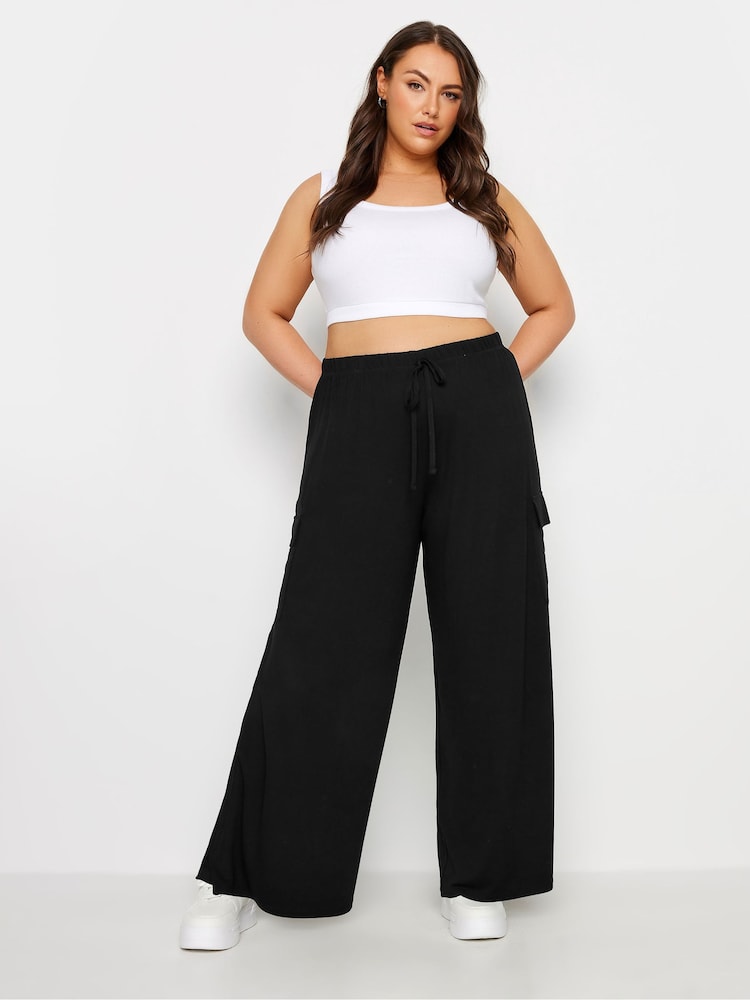 Yours Curve Black Jersey Wide Leg Cargo Trousers - Image 2 of 5