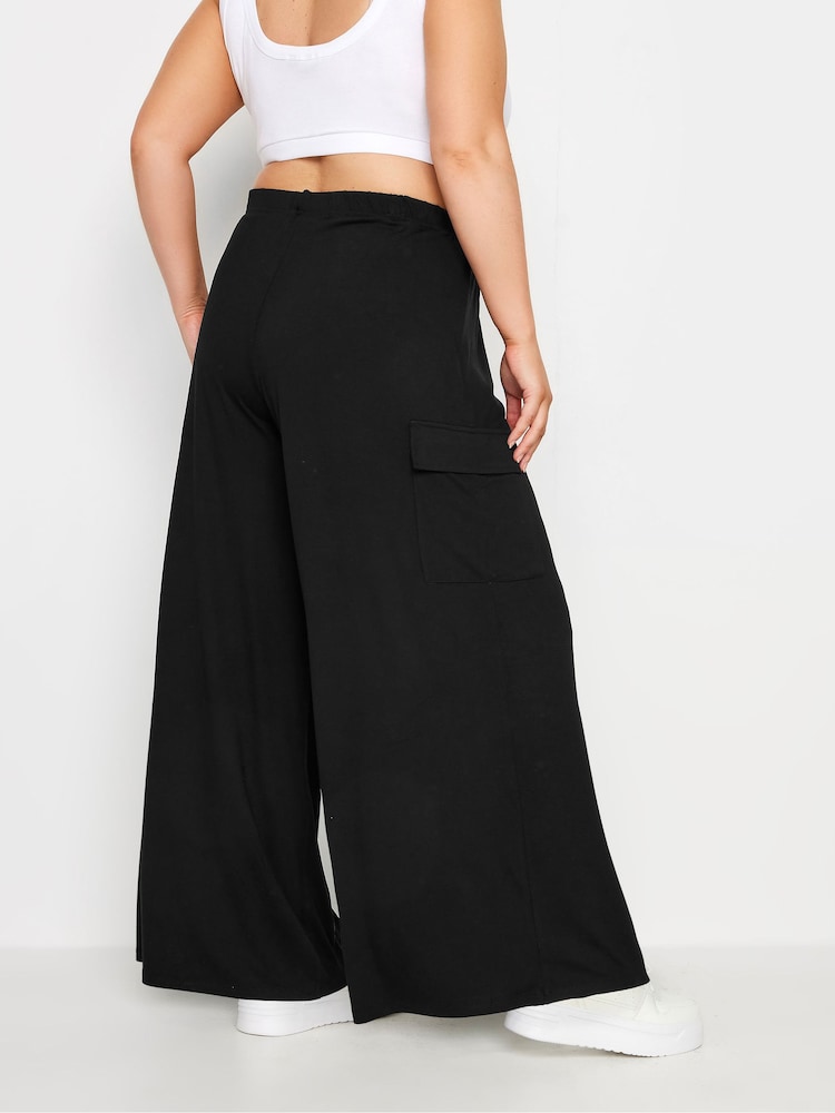 Yours Curve Black Jersey Wide Leg Cargo Trousers - Image 3 of 5