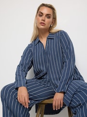 Yours Curve Navy Blue Stripe Textured Wide Leg Trousers - Image 1 of 5