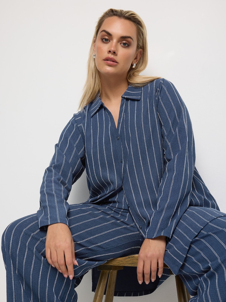 Yours Curve Navy Blue Stripe Textured Wide Leg Trousers - Image 1 of 5