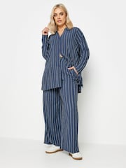 Yours Curve Navy Blue Stripe Textured Wide Leg Trousers - Image 3 of 5