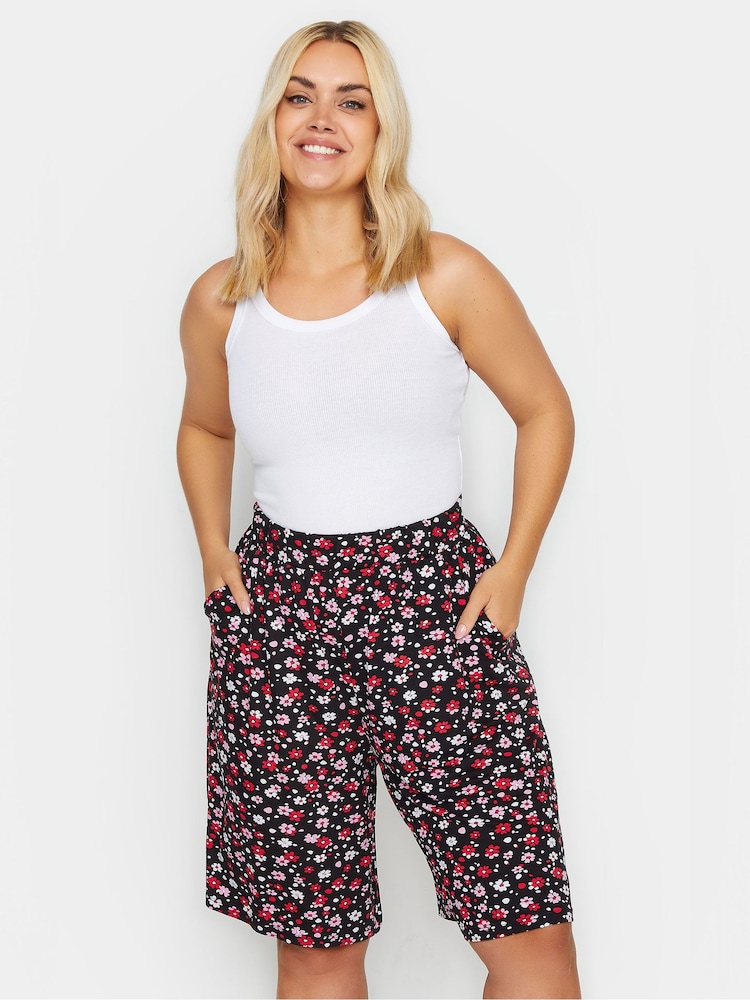 Yours Curve Black Floral Print Shorts - Image 1 of 5 Yours Curve Black Floral Print Shorts - Image 1 of 5