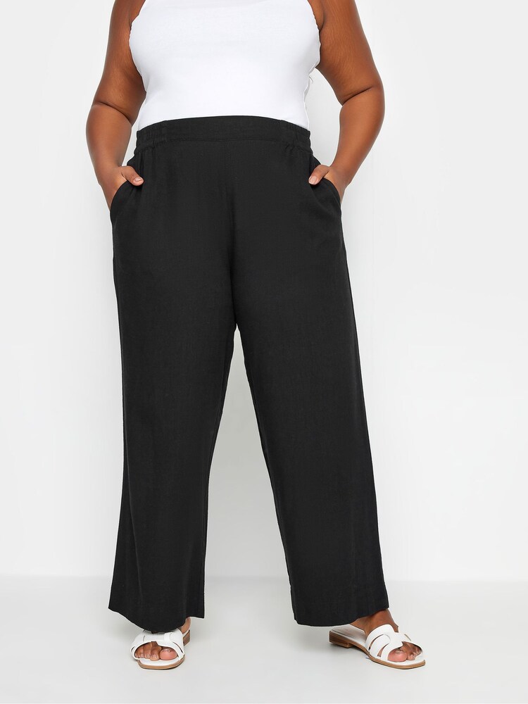 Yours Curve Black Pull On Wide Leg Linen Trousers - Image 1 of 4 Yours Curve Black Pull On Wide Leg Linen Trousers - Image 1 of 4