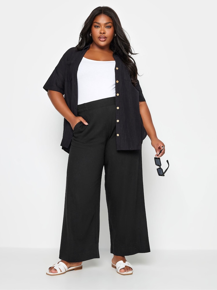 Yours Curve Black Pull On Wide Leg Linen Trousers - Image 2 of 4 Yours Curve Black Pull On Wide Leg Linen Trousers - Image 2 of 4