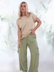 Yours Curve Khaki Green Linen Wide Leg Cargo Trousers - Image 1 of 6