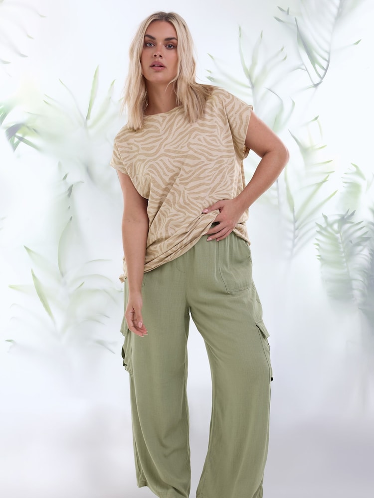 Yours Curve Khaki Green Linen Wide Leg Cargo Trousers - Image 1 of 6