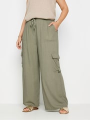 Yours Curve Khaki Green Linen Wide Leg Cargo Trousers - Image 2 of 6