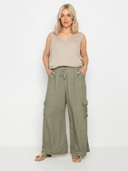 Yours Curve Khaki Green Linen Wide Leg Cargo Trousers - Image 3 of 6