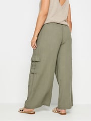 Yours Curve Khaki Green Linen Wide Leg Cargo Trousers - Image 4 of 6