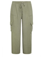 Yours Curve Khaki Green Linen Wide Leg Cargo Trousers - Image 6 of 6
