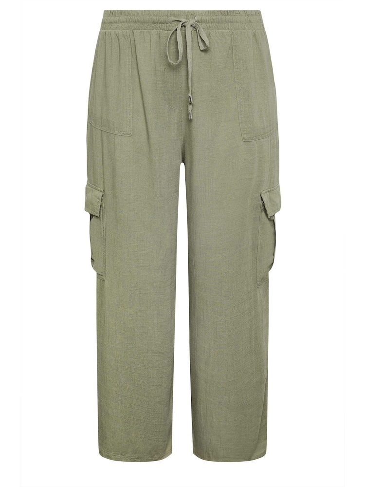 Yours Curve Khaki Green Linen Wide Leg Cargo Trousers - Image 6 of 6