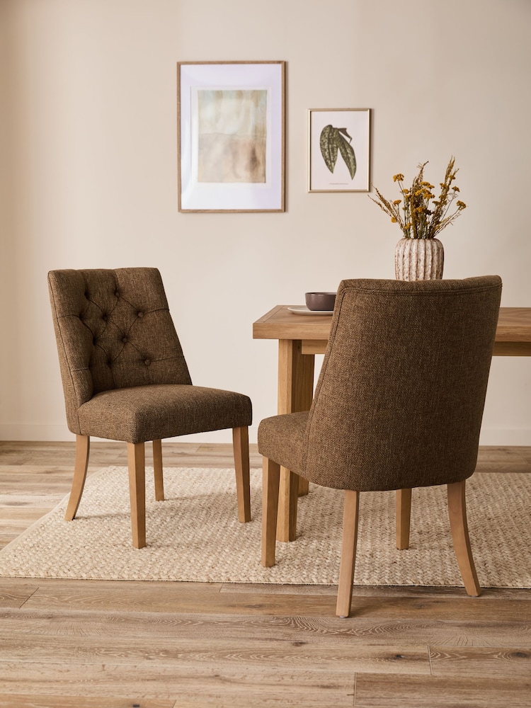 Set of 2 Chunky Weave Mid Clay Natural Wolton Light Wood Leg Collection Luxe Button Dining Chairs - Image 1 of 9