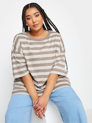Yours Curve Mocha Brown Stripe Boxy 100% Cotton T-Shirt - Image 1 of 5