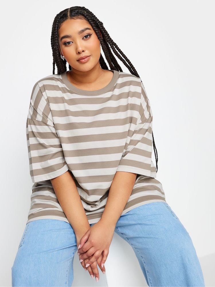 Yours Curve Mocha Brown Stripe Boxy 100% Cotton T-Shirt - Image 1 of 5
