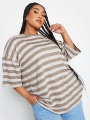 Yours Curve Mocha Brown Stripe Boxy 100% Cotton T-Shirt - Image 2 of 5