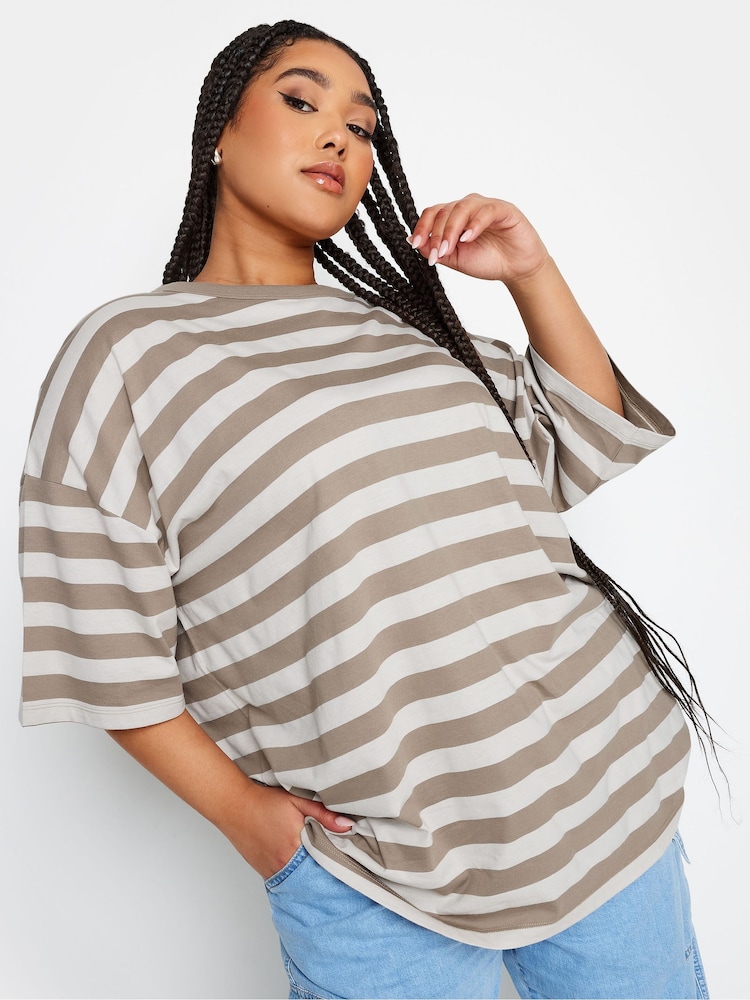 Yours Curve Mocha Brown Stripe Boxy 100% Cotton T-Shirt - Image 2 of 5