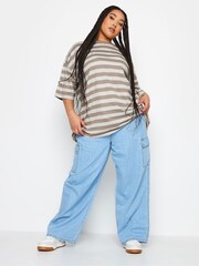 Yours Curve Mocha Brown Stripe Boxy 100% Cotton T-Shirt - Image 3 of 5