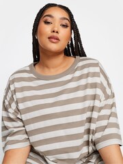 Yours Curve Mocha Brown Stripe Boxy 100% Cotton T-Shirt - Image 5 of 5