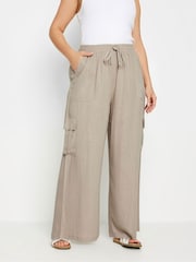 Yours Curve Stone Brown Linen Wide Leg Cargo Trousers - Image 2 of 6