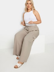 Yours Curve Stone Brown Linen Wide Leg Cargo Trousers - Image 3 of 6