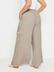 Yours Curve Stone Brown Linen Wide Leg Cargo Trousers - Image 4 of 6