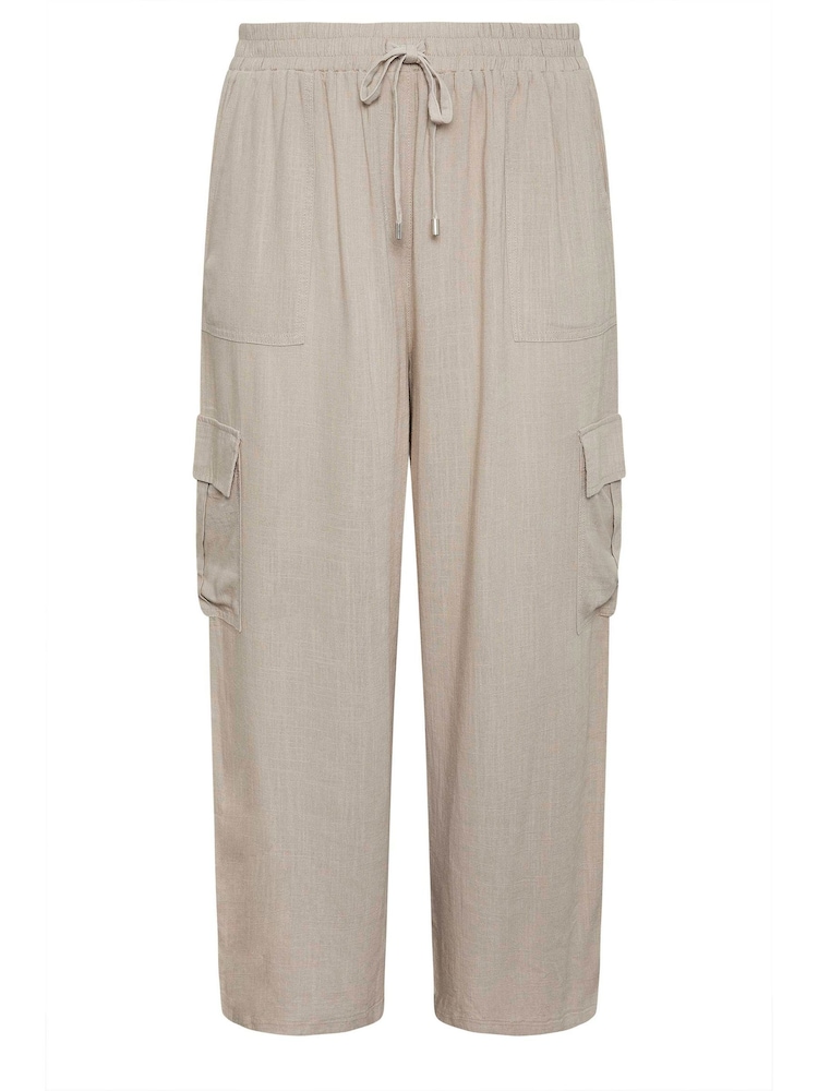 Yours Curve Stone Brown Linen Wide Leg Cargo Trousers - Image 6 of 6