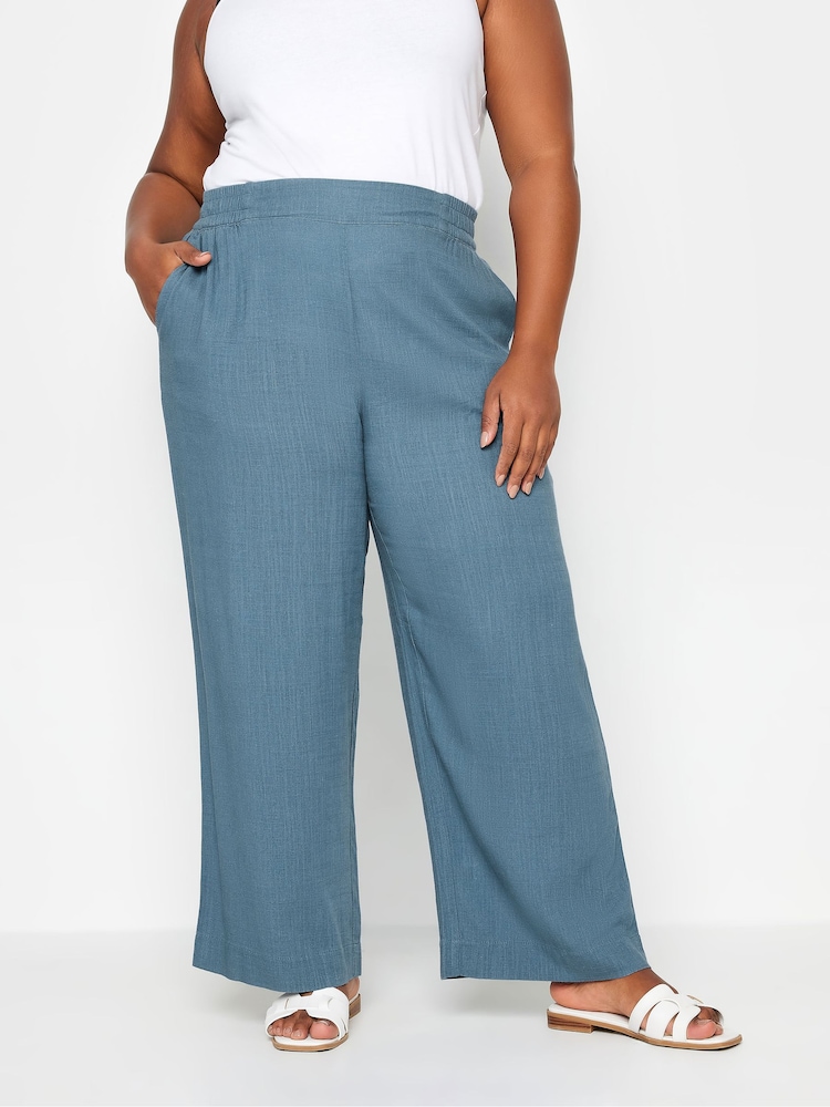 Yours Curve Blue Pull On Wide Leg Linen Trousers - Image 1 of 4
