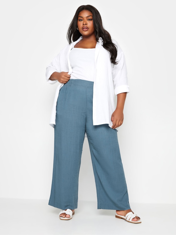 Yours Curve Blue Pull On Wide Leg Linen Trousers - Image 2 of 4