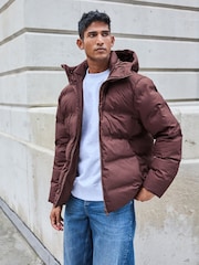 Burgundy Red Regular Length Shower Resistant Hooded Puffer Coat - Image 1 of 10
