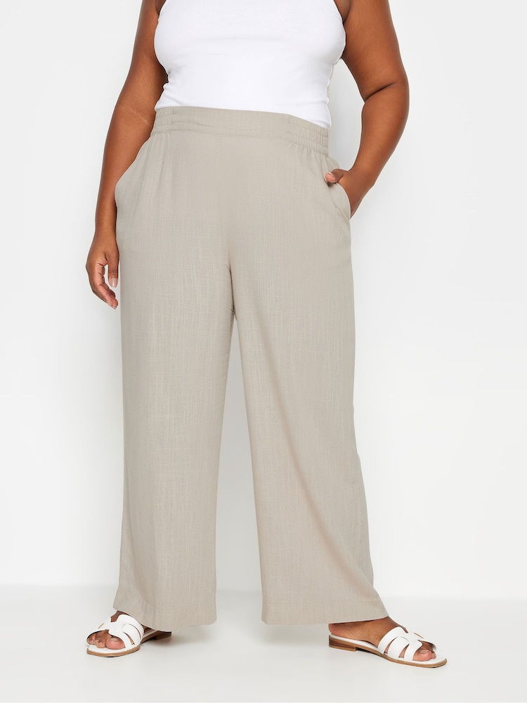 Yours Curve Stone Brown Pull On Wide Leg Linen Trousers - Image 1 of 4