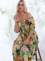 Yours Curve Black Animal Print Bardot Midi Dress - Image 1 of 5