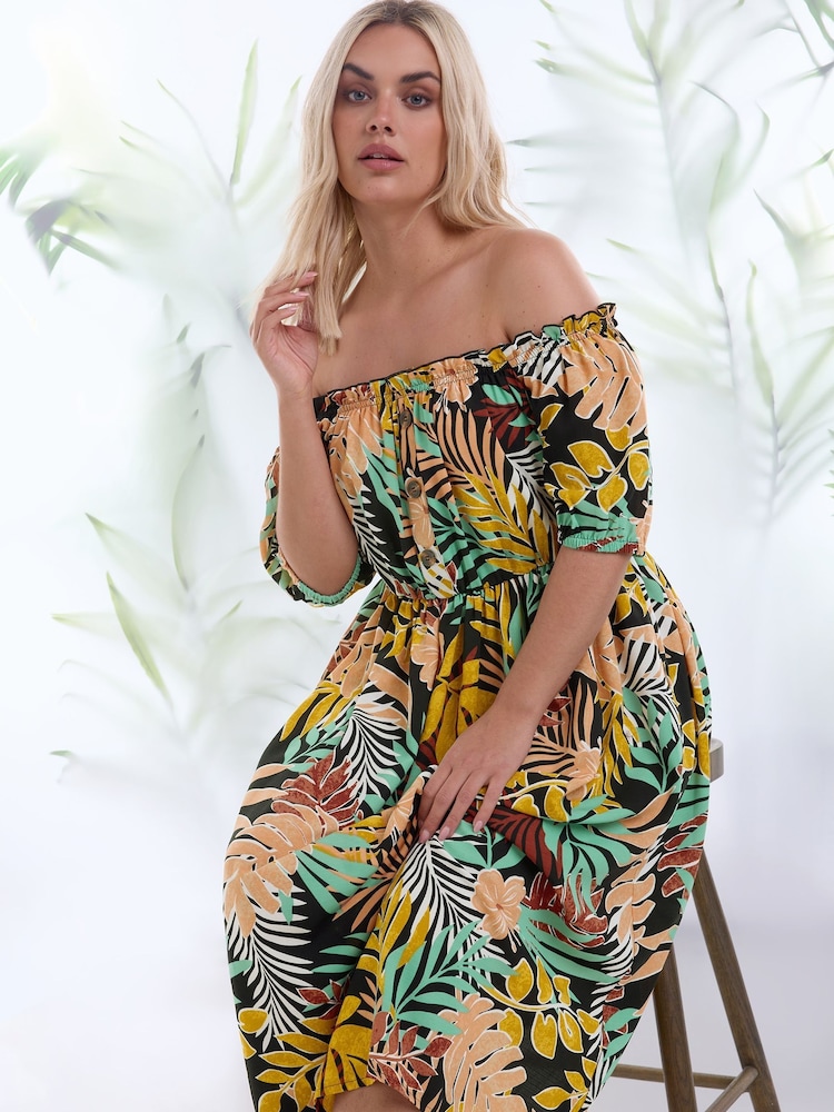 Yours Curve Black Animal Print Bardot Midi Dress - Image 1 of 5