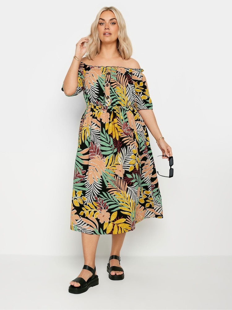 Yours Curve Black Animal Print Bardot Midi Dress - Image 2 of 5