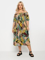 Yours Curve Black Animal Print Bardot Midi Dress - Image 3 of 5