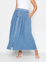 Yours Curve Blue Chambray Button Front Maxi Skirt - Image 1 of 4