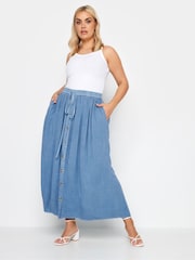 Yours Curve Blue Chambray Button Front Maxi Skirt - Image 2 of 4