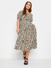 Yours Curve Beige Brown Animal Print Bardot Midi Dress - Image 2 of 4